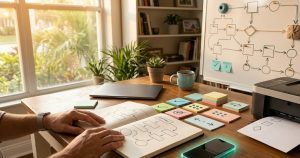 Florida workspace with hand-drawn agentic AI workflow diagrams on notebook whiteboard and sticky notes