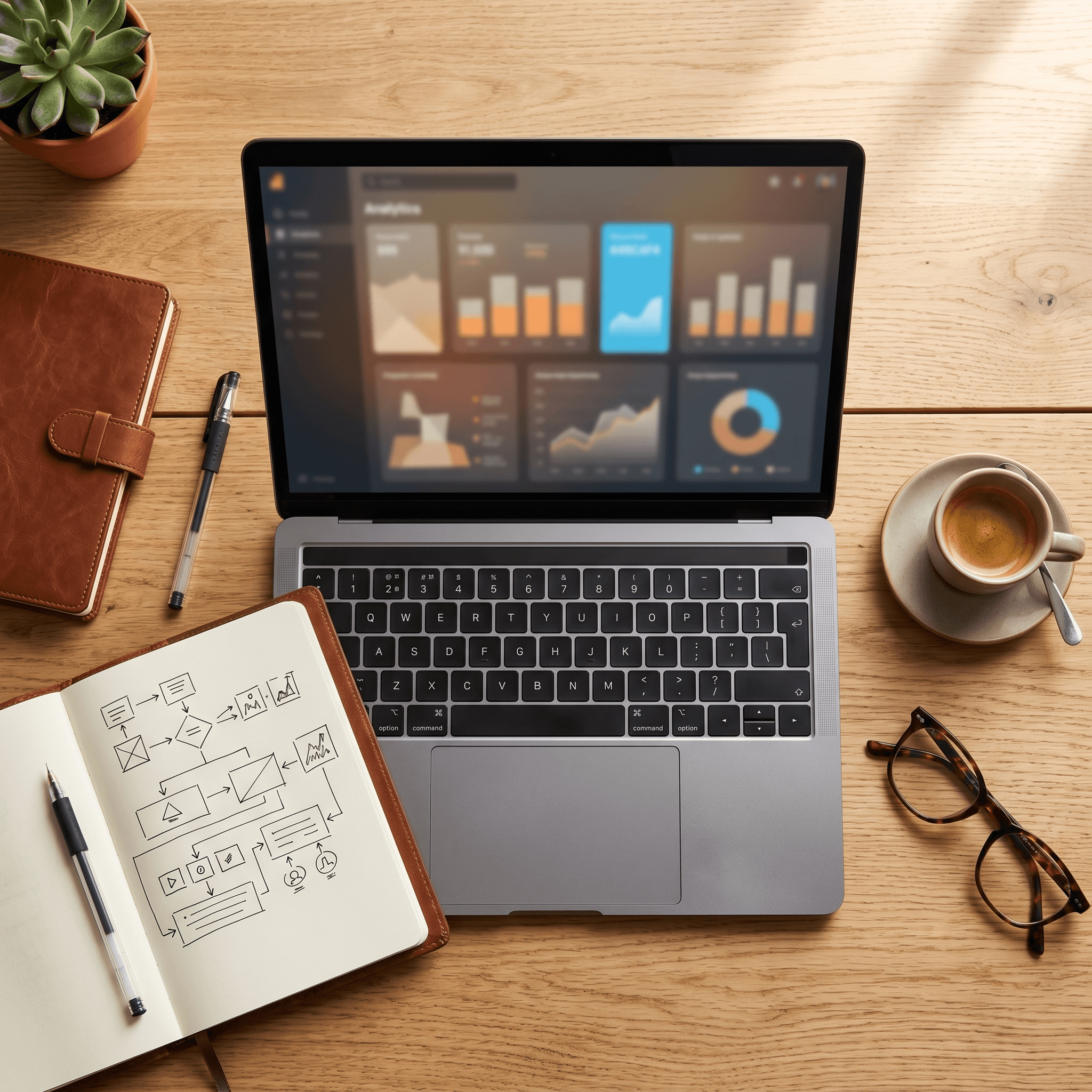Ai Services, Ai Implementation &Amp; Ai Agent Development Ai Strategy Workspace Top-Down View With Laptop, Notebook With Workflow Sketches, And Espresso Cup
