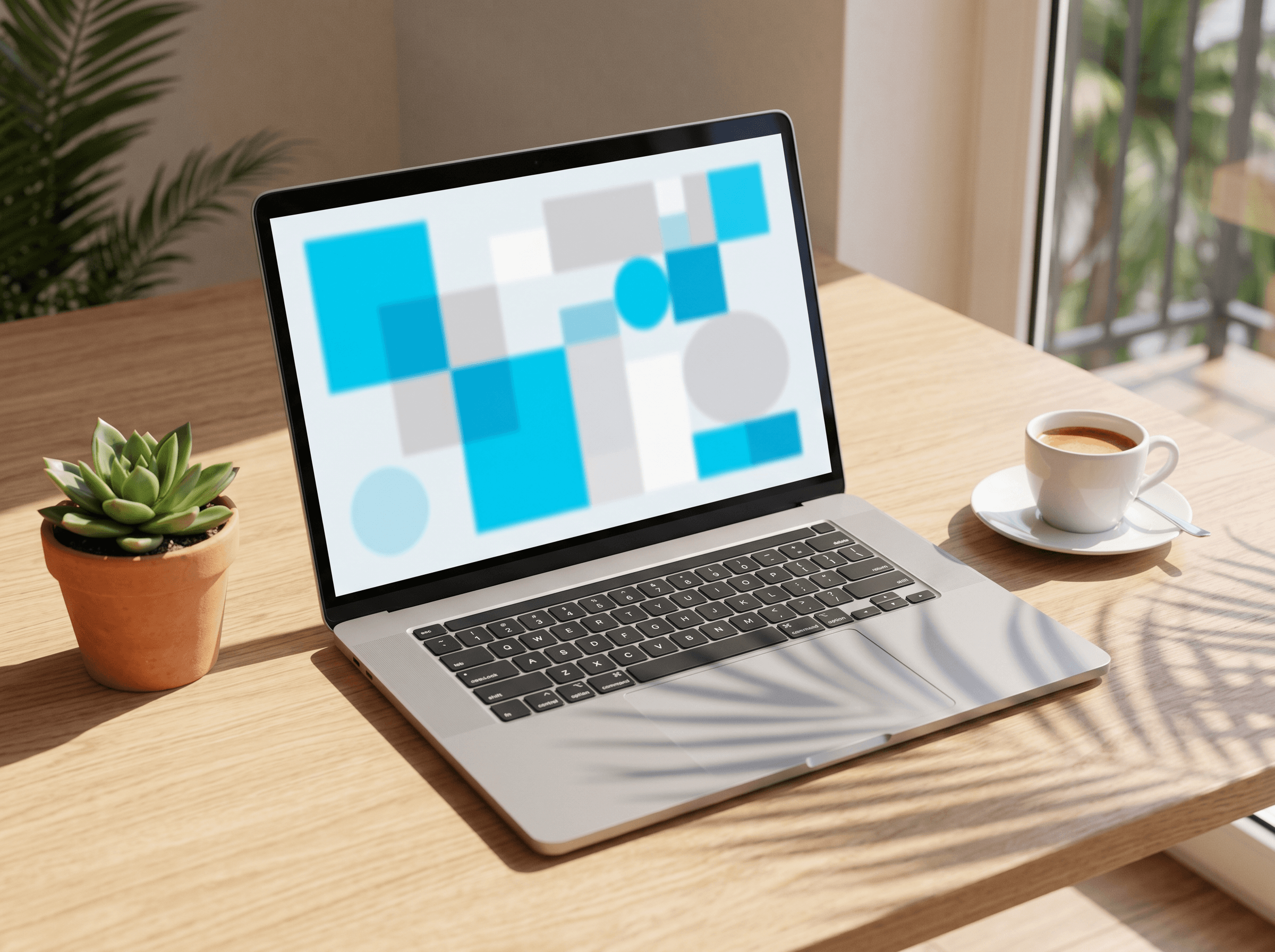 Ai Services, Ai Implementation &Amp; Ai Agent Development Modern South Florida Workspace With Laptop Showing Ai Data Visualization And Palm-Frond Shadows