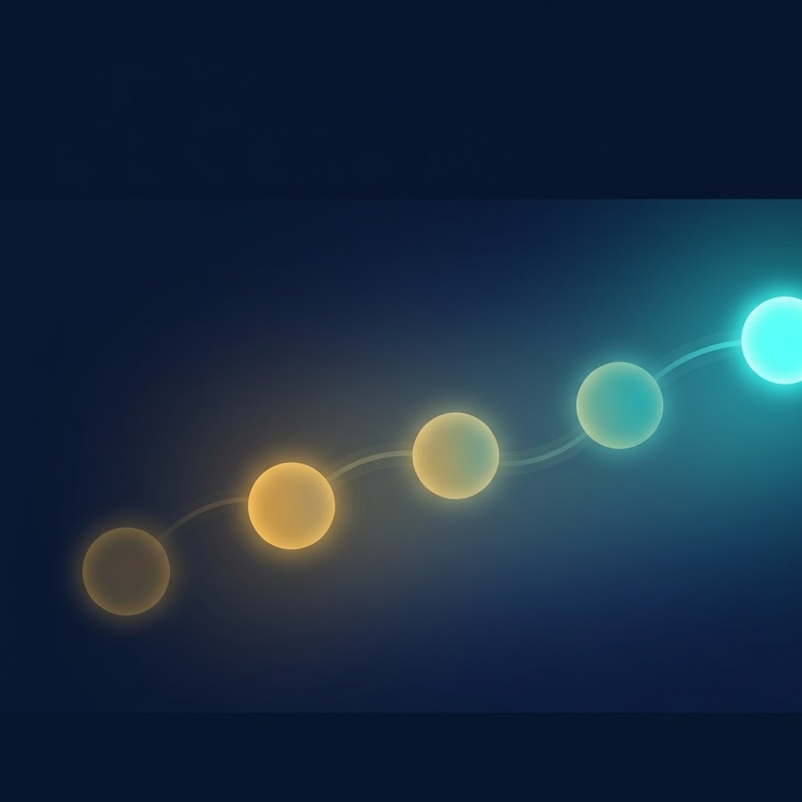 Abstract visualization of a digital marketing strategy roadmap: interconnected milestone nodes flowing left to right with rising brightness.