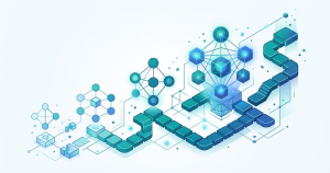 Abstract strategy-network composition with interconnected growth nodes and modular roadmap paths in blue and teal on white background