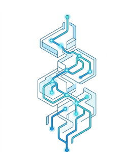 Abstract strategy-network composition with interconnected growth nodes and modular roadmap paths in blue and teal on white background