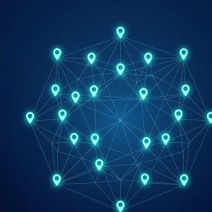 Multi-location local SEO strategy visualization with map pins and network nodes